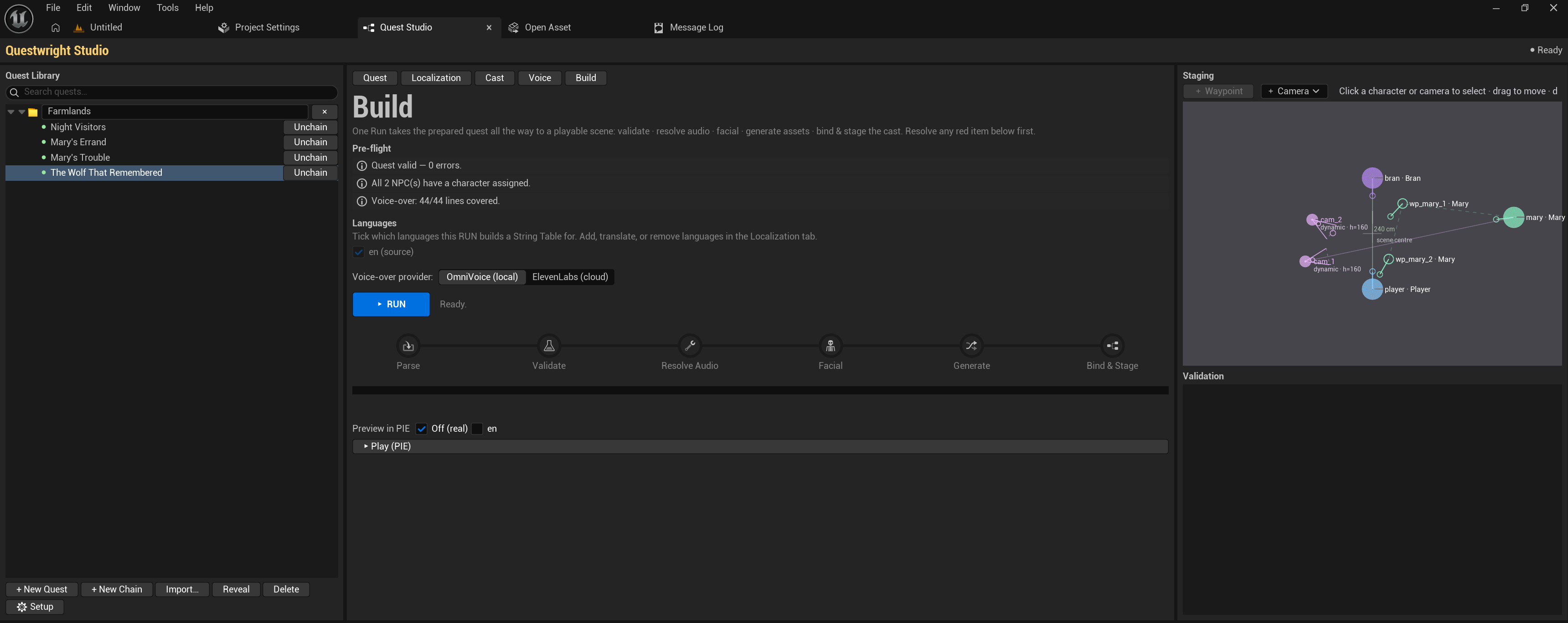 The Build tab: green pre-flight checklist, stage tracker and the RUN button