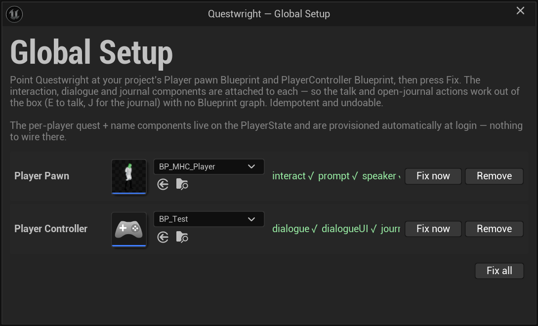 The Global Setup dialog listing the player Blueprints it will modify
