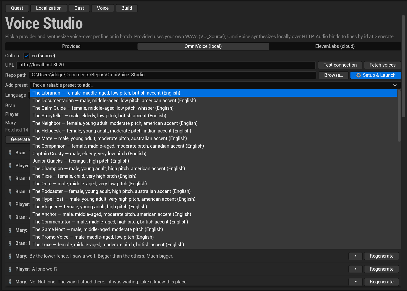 The Add preset dropdown: picking a preset makes it available as a voice option for your speakers