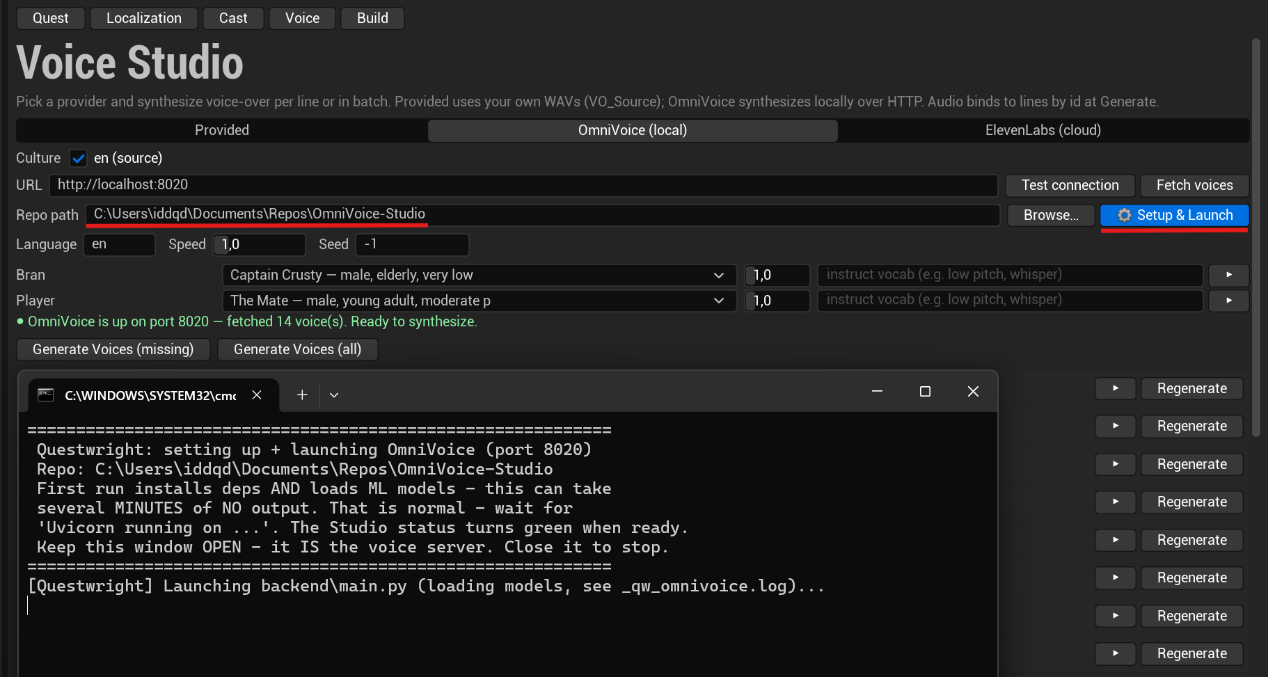 The OmniVoice section of the Voice tab: Repo path pointing at the cloned repository and the Setup & Launch button