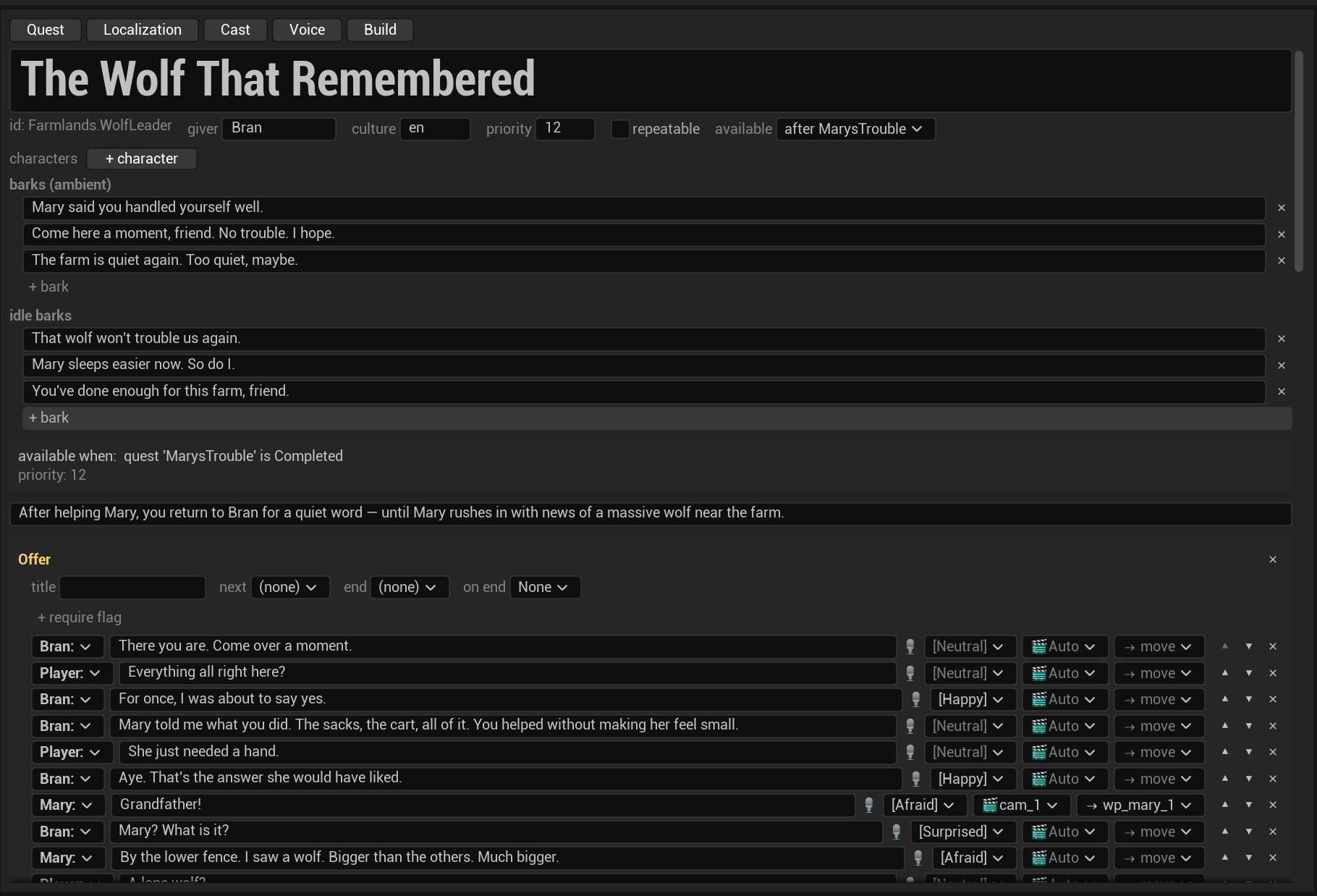 The Quest tab showing a scene with lines, emotions and choices being edited